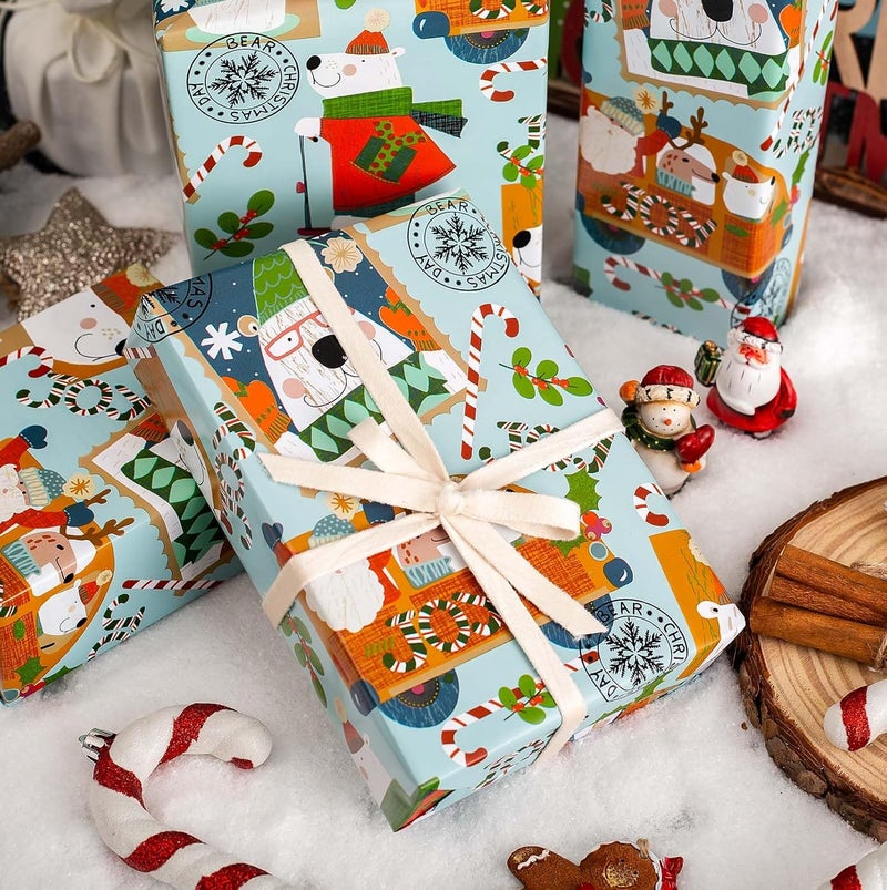 MAYPLUSS Christmas Metallic Foil Shine Gift Wrapping Paper - 17 Inch X 33 Feet - Cute Polar Bear on Scooter, Snowman, Candy Cane and Deer Pattern Gift Wrap Present Paper Roll for Winter, Holiday - Image 2